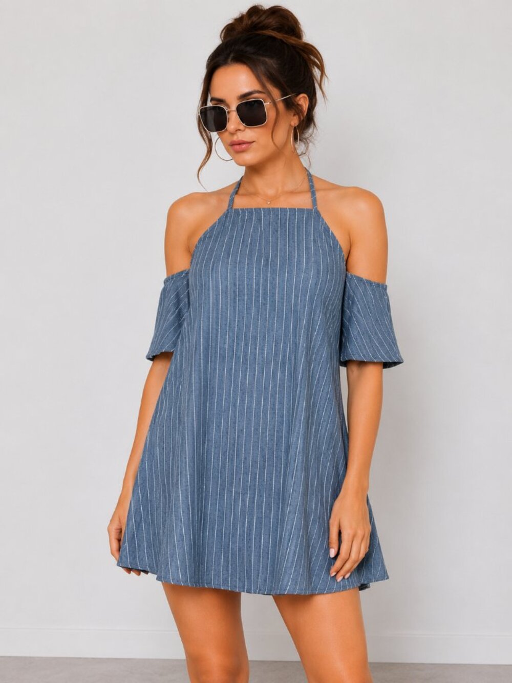 Light Blue Striped Denim Halter Dress Cold Shoulder NWT